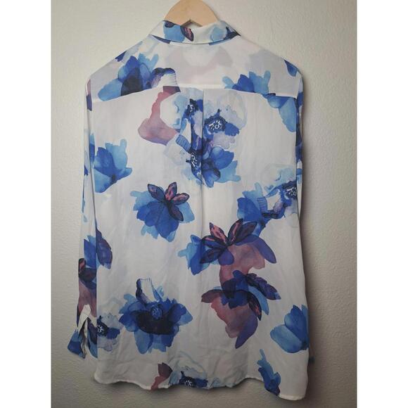Banana Republic Women's Shirt L White/Blue Floral Water Color Sheer Long Sleeve - Picture 6 of 7